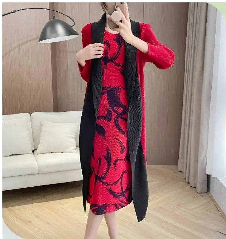 Folded Fake Two Piece Dress 2025 Spring Large Sleeves Round Neck Printed Mom's Dress  Y2k Dress