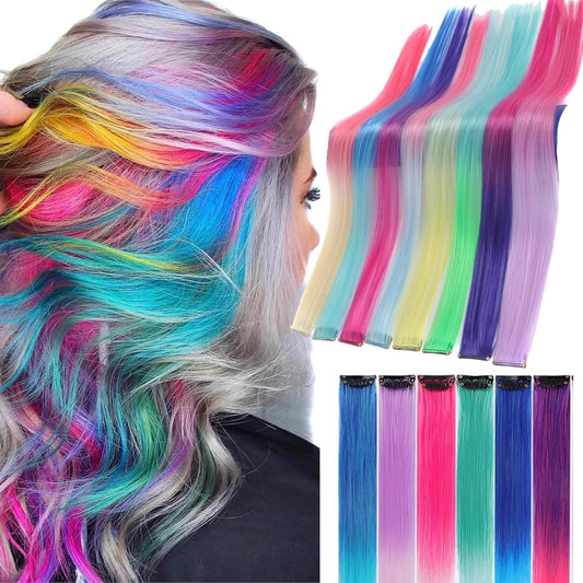 Synthetic Straight Fake Colored Hair Extensions Rainbow Hair Streak Synthetic Pink Orange White Purple Hair Strands on Clips