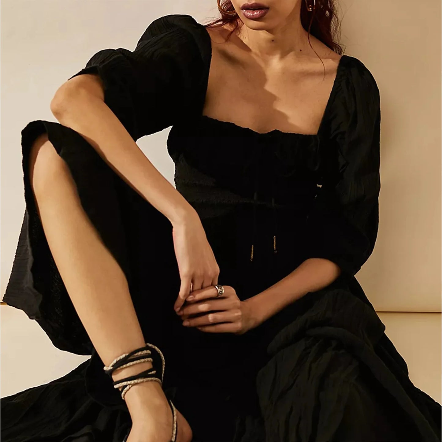 Women's Midi Dress Flowy Silhouette Ruffled Necklin High Split Dress with a Smocked Adjustable Tie at Bustline Fairycore Dresses