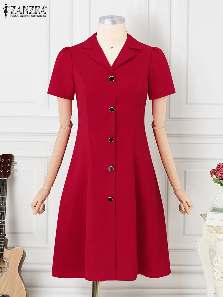ZANZEA Women Elegant Long Shirt Dress Korean Lapel Collar Party Dress 2024 Summer Waisted Robe Casual Short Sleeve Work Sundress