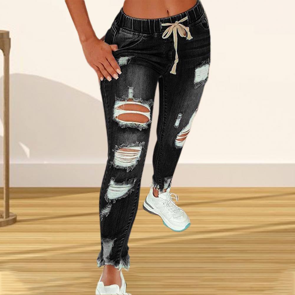 Womens Stretch Skinny Ripped Hole Washed Denim mom Jeans Female Slim Jeggings High Waist Pencil Pants Trousers