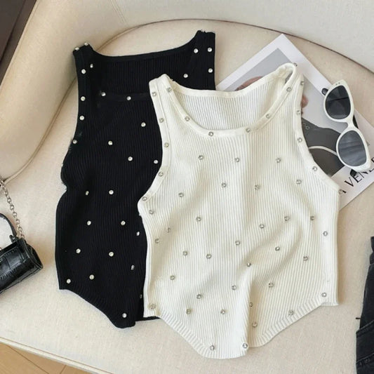 2024 New Rhinestone Knitted Tank Top White Crew Neck Sleeveless Tank Top For Summer  Women's Clothing Crop Top Camis