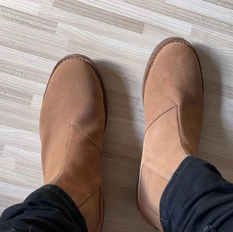 Brown Real Leather Elastic band Slip On Chelsea Boots Low Heels Men's Party Shoes Heel 3cm Wedding Botas