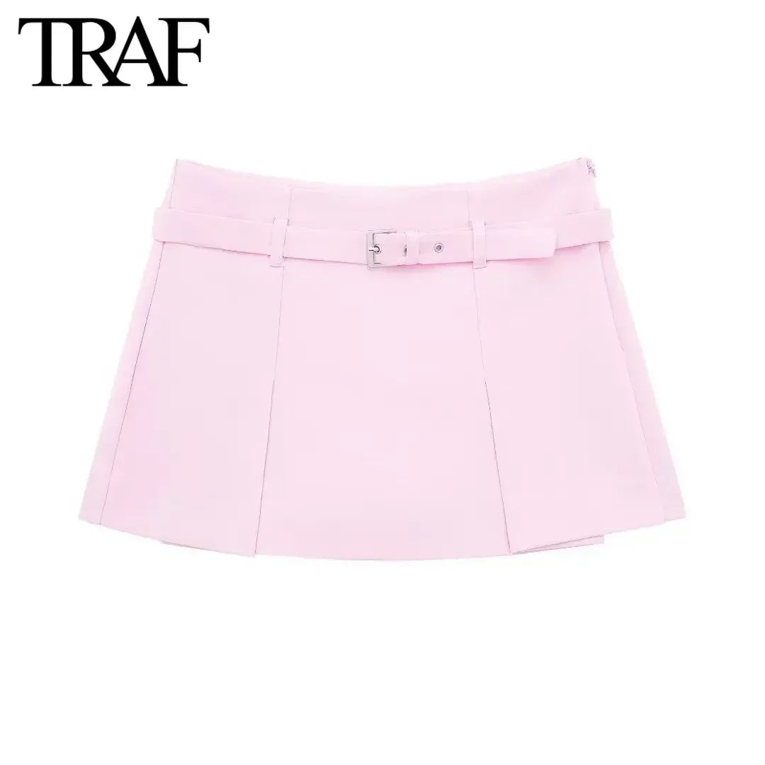 TRAF Women Fashion Summer New White Solid Color Casual Belt Side Zip Mini Culotte High Waisted A Line Wide-leg Shorts Skirt Pant