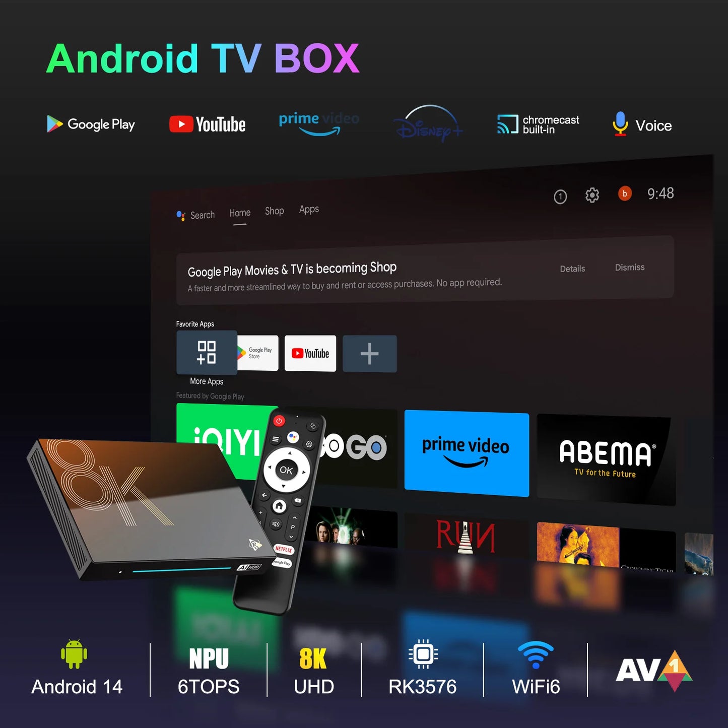 H96 MAX M9S Smart TV Box 4K&120fps ATV Androidtv 14,8-core CPU Wifi6 BT5.4 1000M LAN 8GB 128GB LPDDR4 Media Player AI VisionPQ