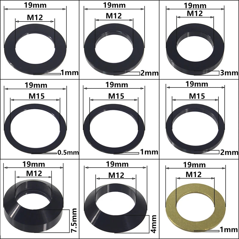 HEPPE MTB Road Bike Thru Axle Washer M12 M15 Axle Spacer Bike Hub Tube Shaft Skewer Spacer 0.5/1/2/3/4/7.5mm Thickness