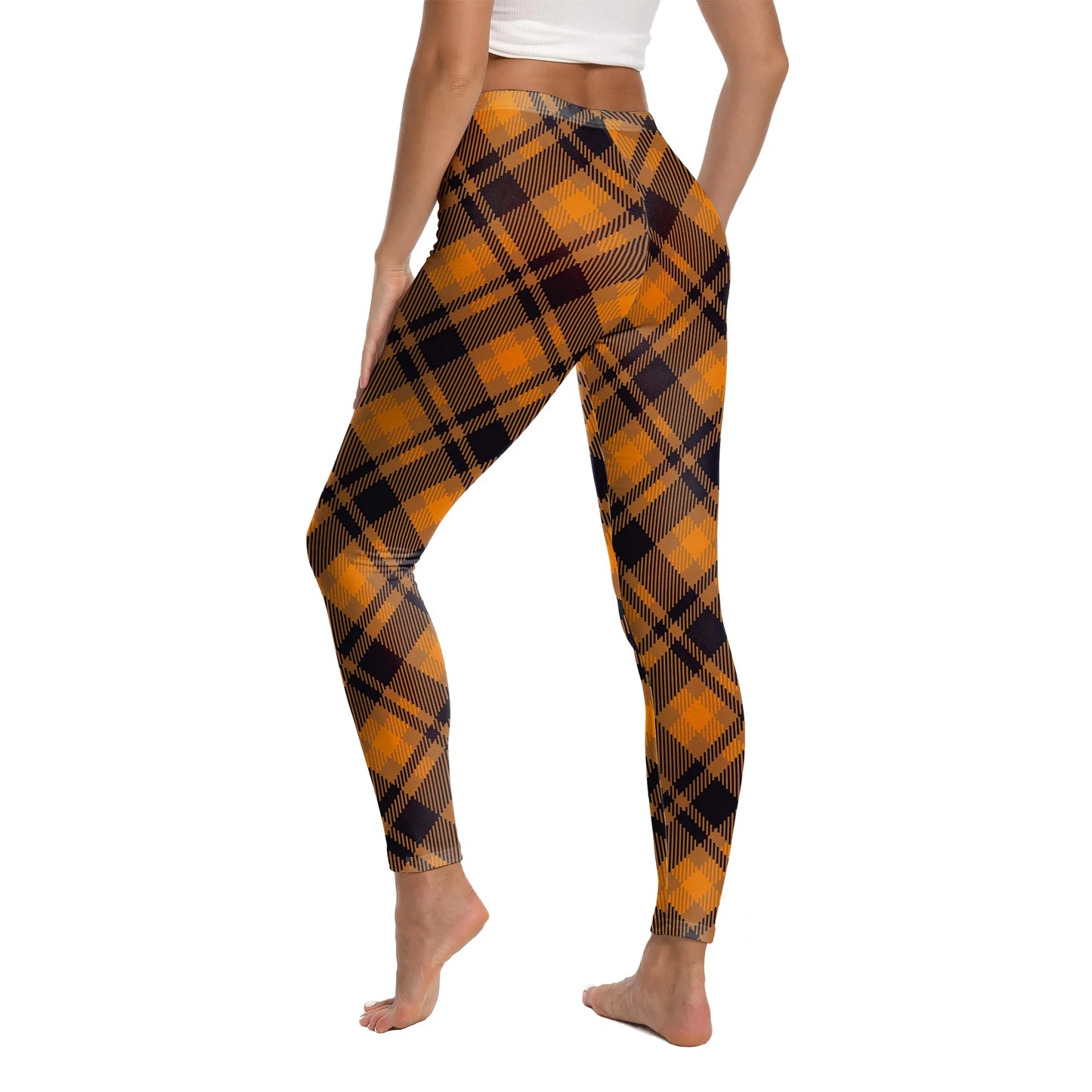 Zawaland Women Pants Yellow Tartan 3D Printing Leggings Halloween Stripe Trousers Female Elastic Tights Mid Waist Long Pants