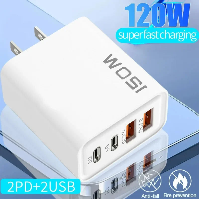 120W 4 Port USB Type C Charger Fast Charging Data Cable USB Phone Charger Adapter for Samsung IPhone Xiaomi Huawei Wall Charger