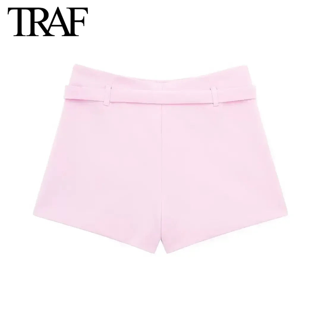 TRAF Women Fashion Summer New White Solid Color Casual Belt Side Zip Mini Culotte High Waisted A Line Wide-leg Shorts Skirt Pant
