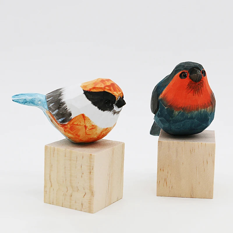Cute Wooden Bird Figurine Ornaments Painted Hand Carved Wood Birds Statue Carving Animals Miniature Crafts Table Decorate Gifts
