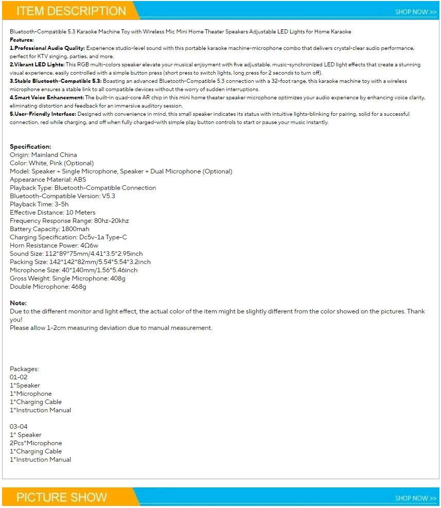 K12 Karaoke Machine Portable Bluetooth 5.3 PA Speaker System with 1-2 Wireless Microphones Home Family Singing Children's Gifts