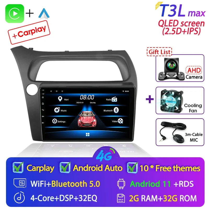 For Honda Civic Hatchback 2006-2011 Android 12 Car Radio Multimedia Video Navigation 2 Din Stereo DVD Head Unit Speaker Carplay