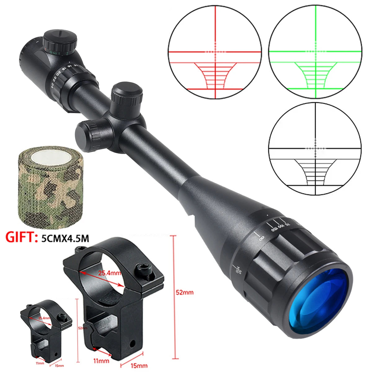 Tactical 6-24x50 AOEG Optical Sight Long Range Rifle Scope with Red Green Dot Laser Combo Riflescope Hunting Airsoft Scopes