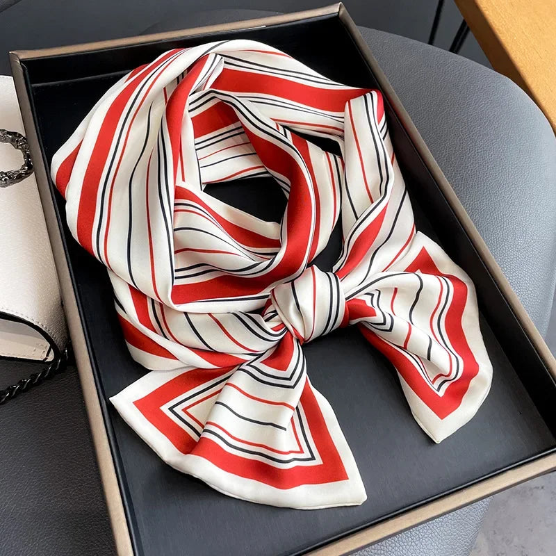 2024 New Luxury Design Ribbon Silk Scarf Plaid Headband Neckerchief Foulard Female Hair Scarfs Neck Ties Lady Skinny Scarves