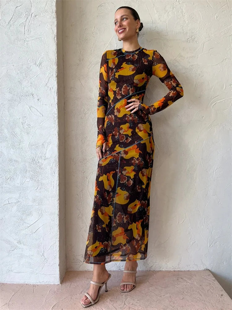 Fantoye Sexy Mesh Printed Transparent Pullover High Waist Women Dress O-Neck Long Sleeve Casual Nightclub Female Dress New 2023