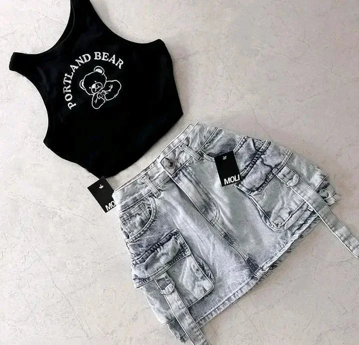 Vacation Korean Style Sweet Style Two-piece Set Low Waist Retro Chic Camisole Printed Vest Summer Splicing Sexy Slim Denim Skirt