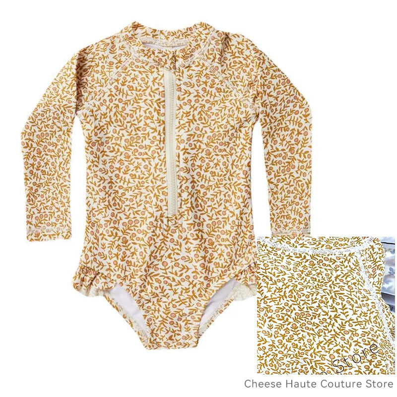 RC Baby Girls Swimwears 1-12y Kids Long Sleeve Sunscreen Floral Toddler Swimming Swimsuit Striped Bikini Suits 2022 Hot Clothes