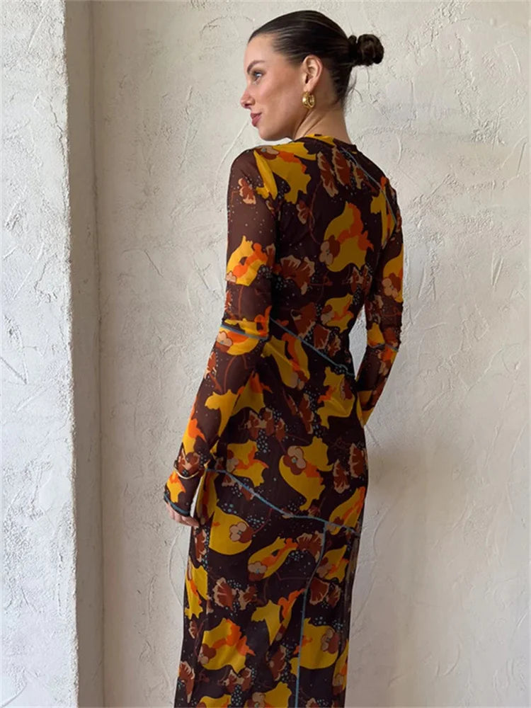 Fantoye Sexy Mesh Printed Transparent Pullover High Waist Women Dress O-Neck Long Sleeve Casual Nightclub Female Dress New 2023