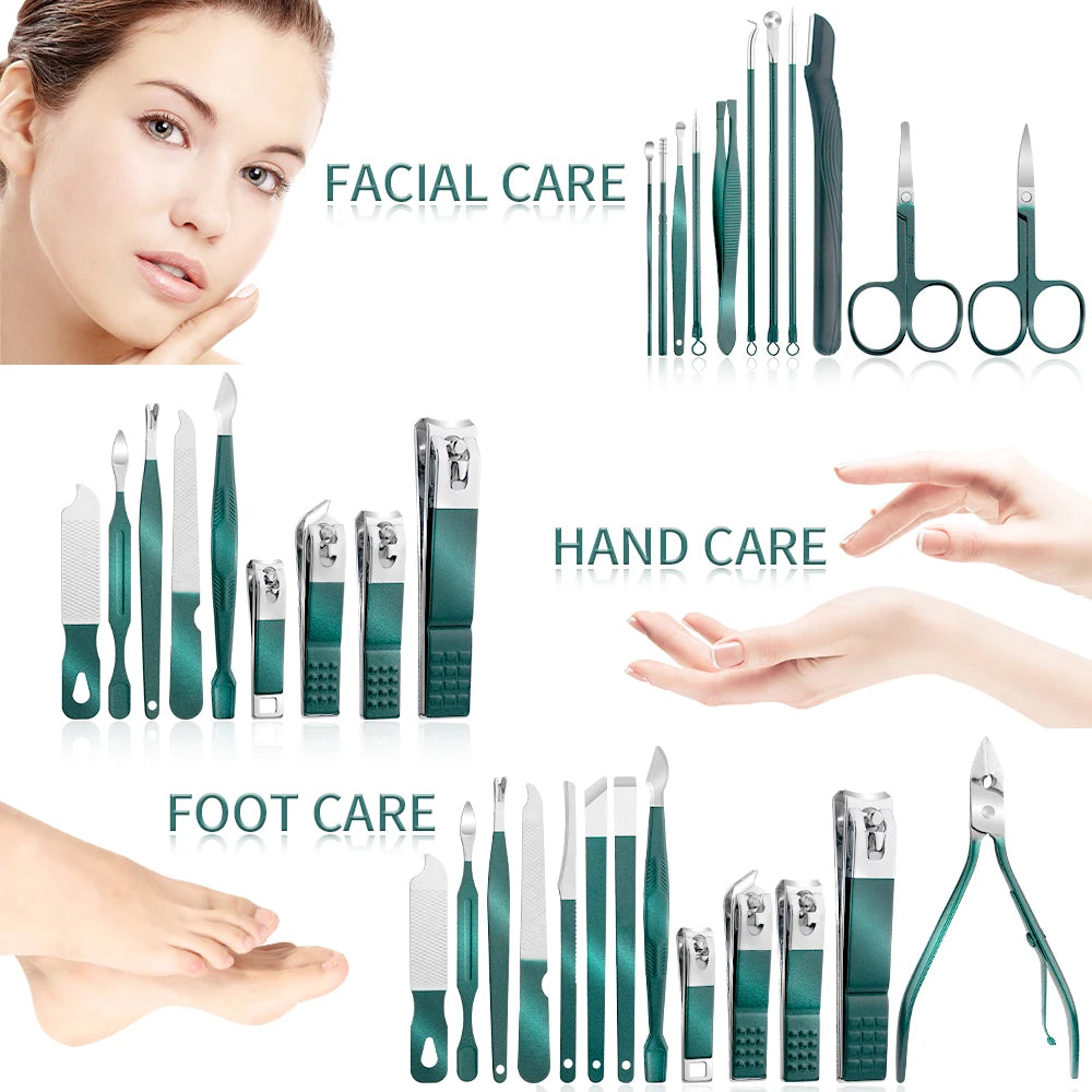 Green 7/13/24 pcs Stainless Steel Nail Cutter and Pedicure Scissors Set - Portable Manicure and Pedicure Tool Nail Clipper Set