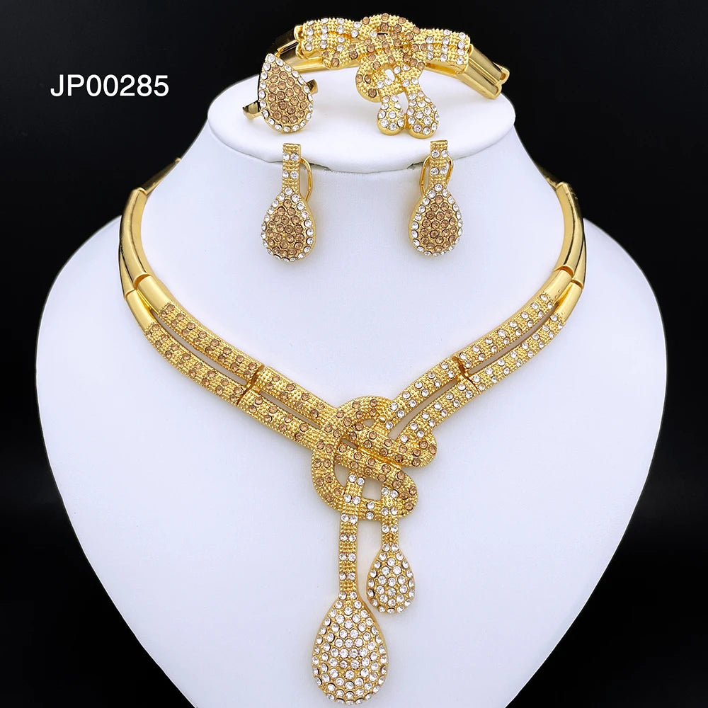 Dubai Gold Color Women Jewelry Sets Classic Design Necklace Earrings Charm Bracelet Ring  Banquet Party Jewelry 18K Gold Plated