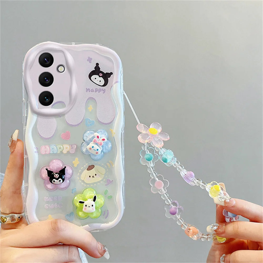 Kuromi Rabbit Phone Case For Samsung Galaxy A10S A71 A72 A73 F04 F12 F54 M04 M12 M22 M32 M54 5G Flowers Wrist Strap Curly Cover