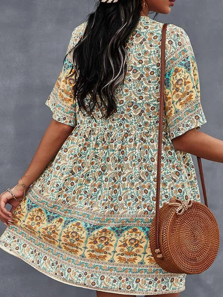ZANZEA Women V Neck Mini Dress Bohemian Printed  Sundress 2023 Summer Short Sleeve Floral Kaftan Ladies Holiday Button Vestidos