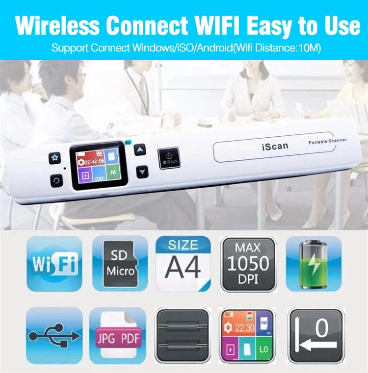 Portable iScan Wifi Scanner Handheld Zero Margin Scanner 1050DPI HD Scanner JPG/PDF for Business Reciepts Scan Document Images