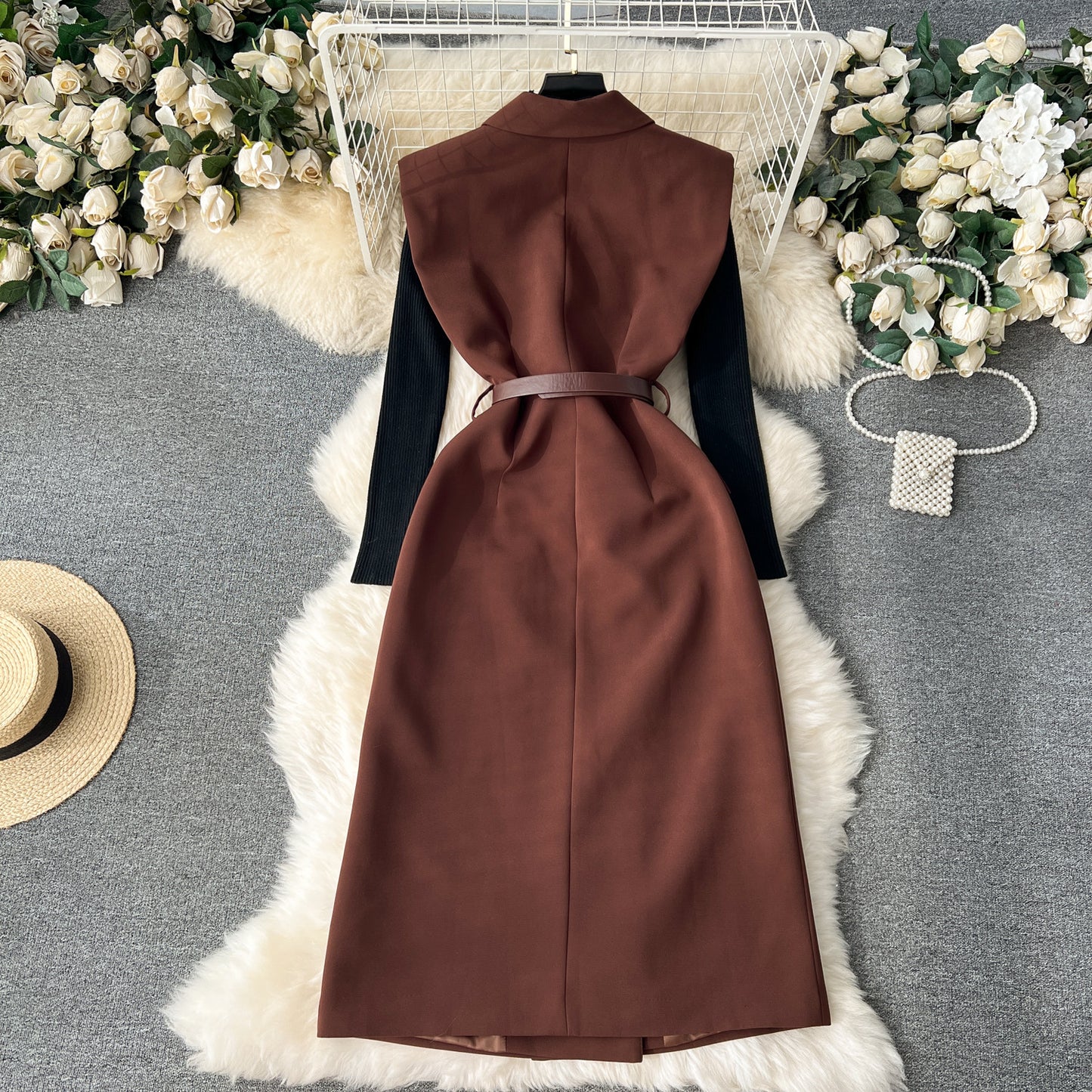 Knitted Bottoming Shirt Versatile Retro Double Breasted Business Suit And Dress Two-piece Set