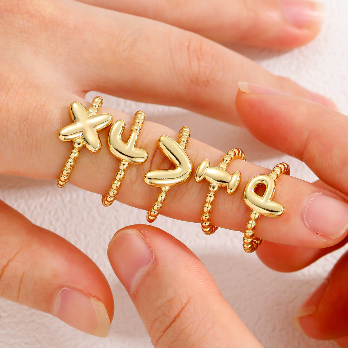 18K Gold Glossy Brass Balloon 26 PCs Letters Ring