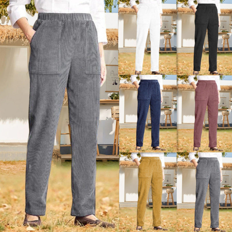 Women's Pure Color Elastic Waist Striped Straight Casual Pants