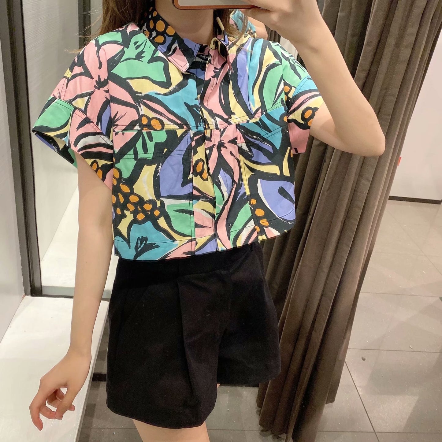 Spring Print Poplin Women  Short Shirt