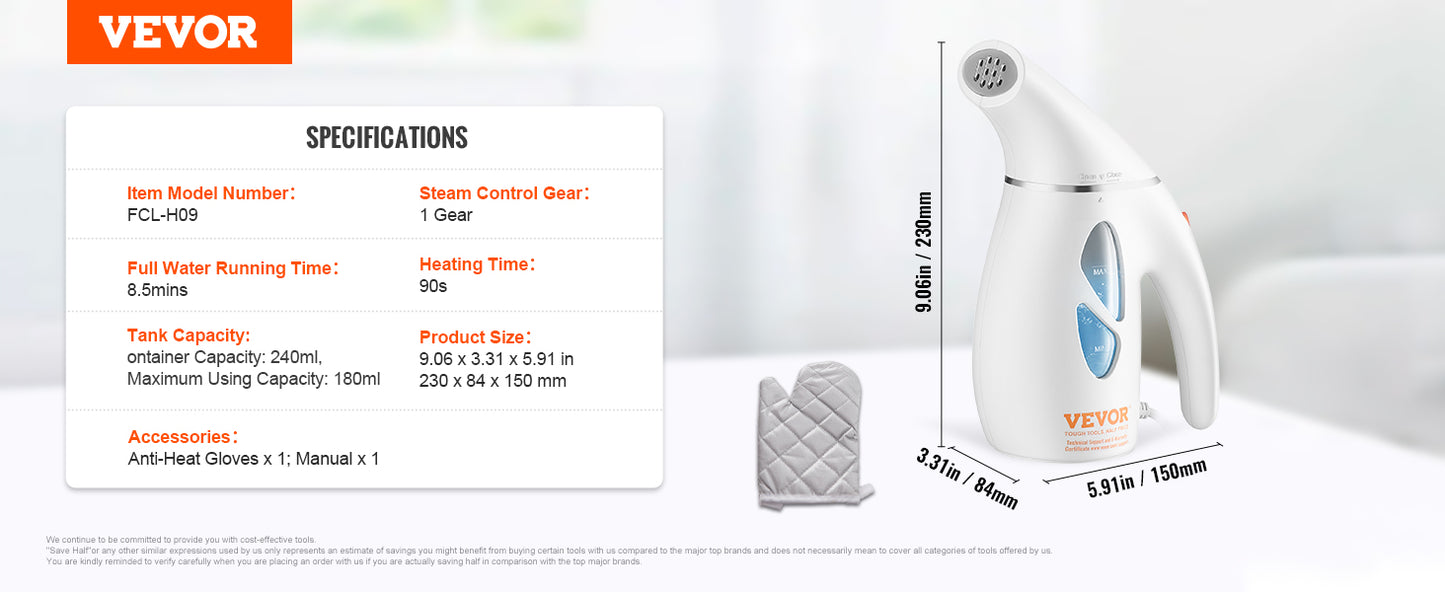 VEVOR Portable Handheld Fabric Steamer 900W Quick Heat Steamer for Clothes Wrinkle Remover Clothing Iron Garment Steam Cleaner
