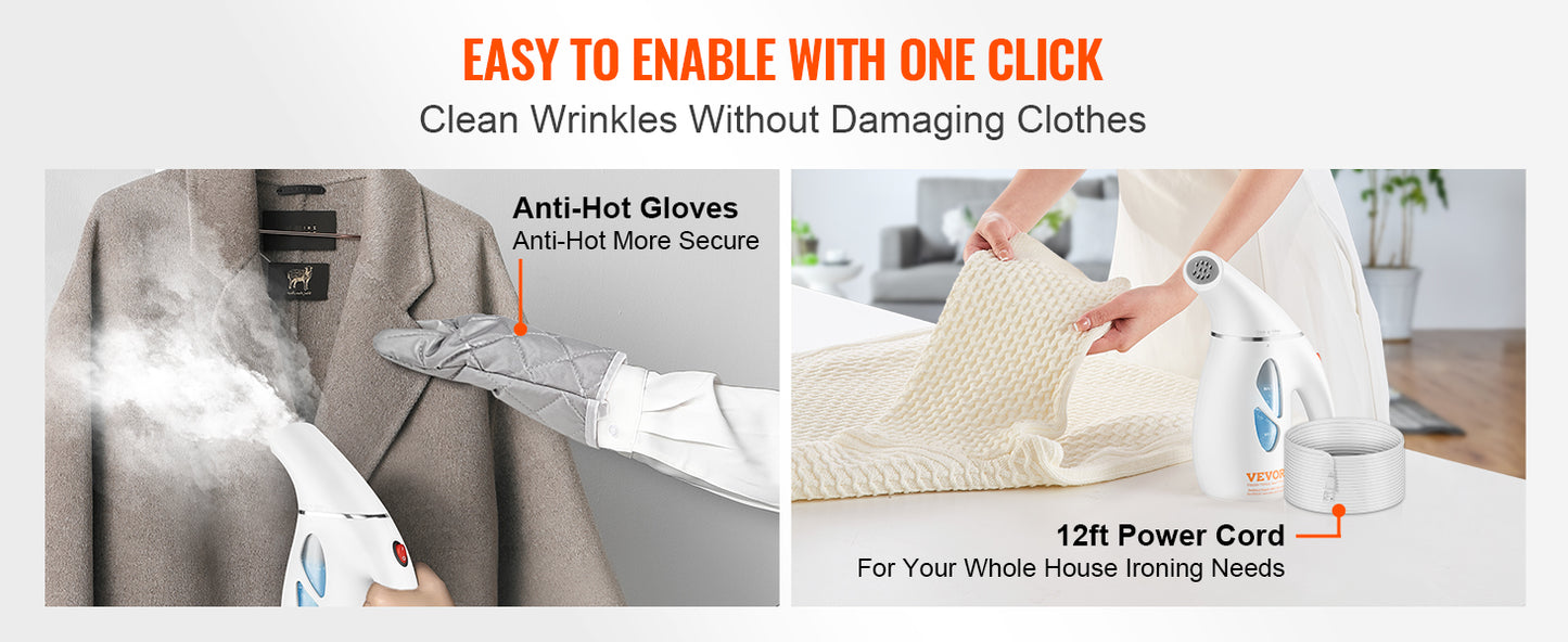 VEVOR Portable Handheld Fabric Steamer 900W Quick Heat Steamer for Clothes Wrinkle Remover Clothing Iron Garment Steam Cleaner